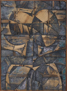 Wood Assemblage: abstract and suggestive composition made by assembling various-sized pieces of wood (aged Douglas Fir), which is cut, shaped, glued, stained, painted, sanded and waxed.