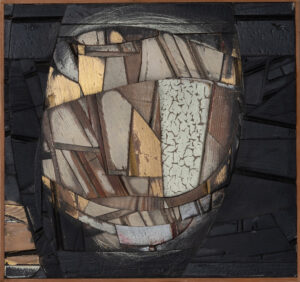 Wood Assemblage: abstract and suggestive composition made by assembling various-sized pieces of wood (aged Douglas Fir), which is cut, shaped, glued, stained, painted, sanded and waxed.